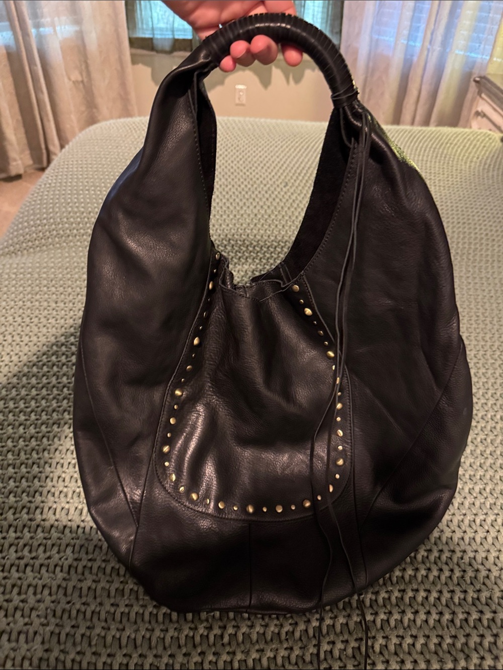 HOBO Large Black Leather Hobo with Gold Stud Accents